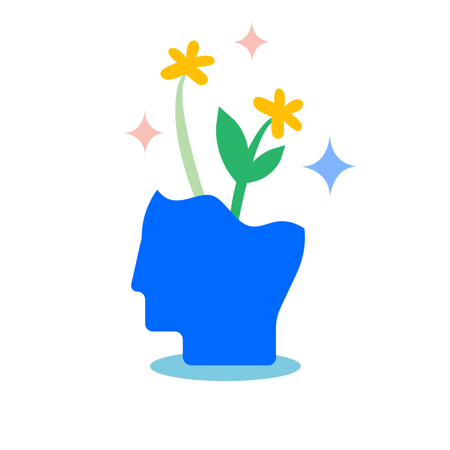 An abstract illustration of the silhouette of a head, with blossoming flowers growing from it. An abstract illustration of the silhouette of a head, with blossoming flowers growing from it.